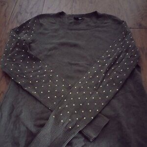 Express Small Olive Green Crewneck Sweater with Gold Embellished Sleeves